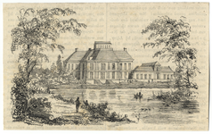 201909 Gezicht vanuit het park over de grote vijver op de gedeeltelijke achtergevel van het paleis Soestdijk te Baarn.